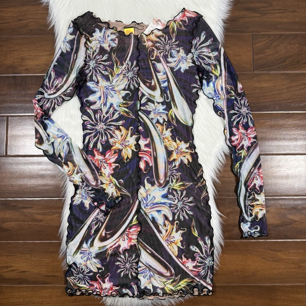 Agua Bendita Size Large‎ Hadley Abstract Silver Mesh Mini Dress Long Sleeve